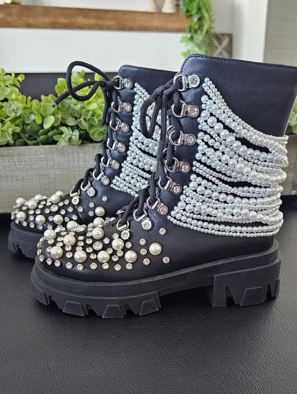 Azalea Wang Black Lace-Up Platform Boots w/Pearls & Crystals Women's Sz  6.5 NEW